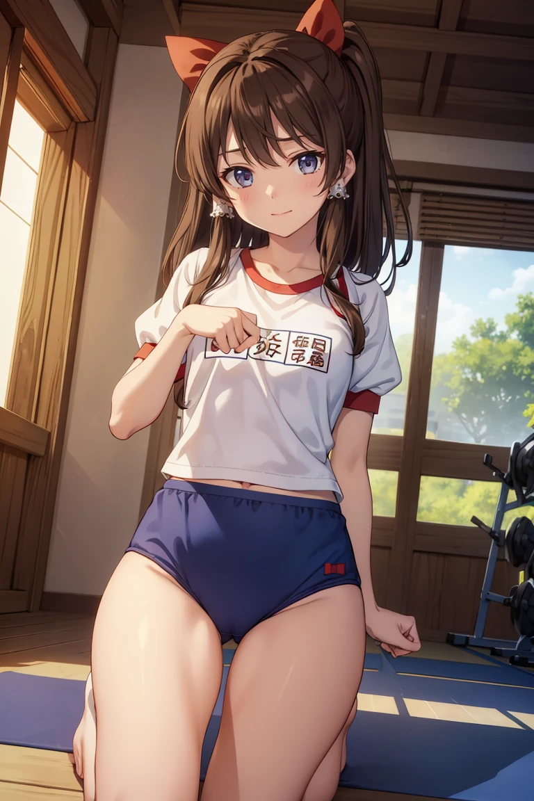Reimu Hakurei, (Brown eyes:1.5), Brown Hair, bow, hair bow, Hair Tube, Long Hair, red bow, Side Lock, (((Slender body)))、(Navy blue cuffs and white short-sleeved gym uniform)、(Navy Blue Bloomers)、(
barefoot)、Navy blue socks、sports boots、gym、mat、Bridge Pose、View your viewers,blush、
Cowboy Shot,Smile Break (masterpiece:1.2), Highest quality, High resolution, unity 8k wallpaper, (figure:0.8), (Beautiful attention to detail), Highly detailed face, Perfect lighting, Highly detailed CG, (Perfect hands, Perfect Anatomy)