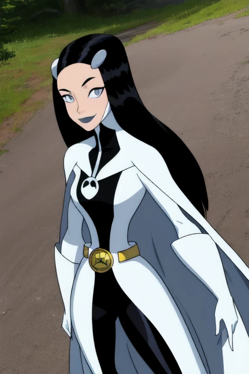 Phantom girl, Tinya Wazzo, solo, girl1, long black hair, bodysuit. grey eyes, smile, grey lips, belt, white cape, white gloves, best quality, masterpiece, cowboy shot, park, forest