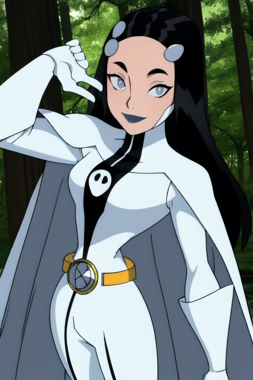 Phantom girl, Tinya Wazzo, solo, girl1, long black hair, bodysuit. grey eyes, smile, grey lips, belt, white cape, white gloves, best quality, masterpiece, cowboy shot, park, forest