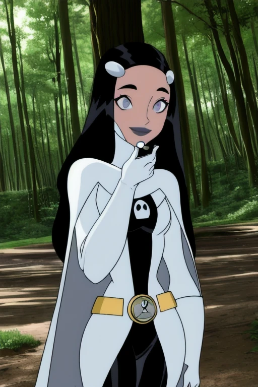 Phantom girl, Tinya Wazzo, solo, girl1, long black hair, . grey eyes, smile, grey lips, belt, white cape, white gloves, best quality, masterpiece, cowboy shot, park, forest 