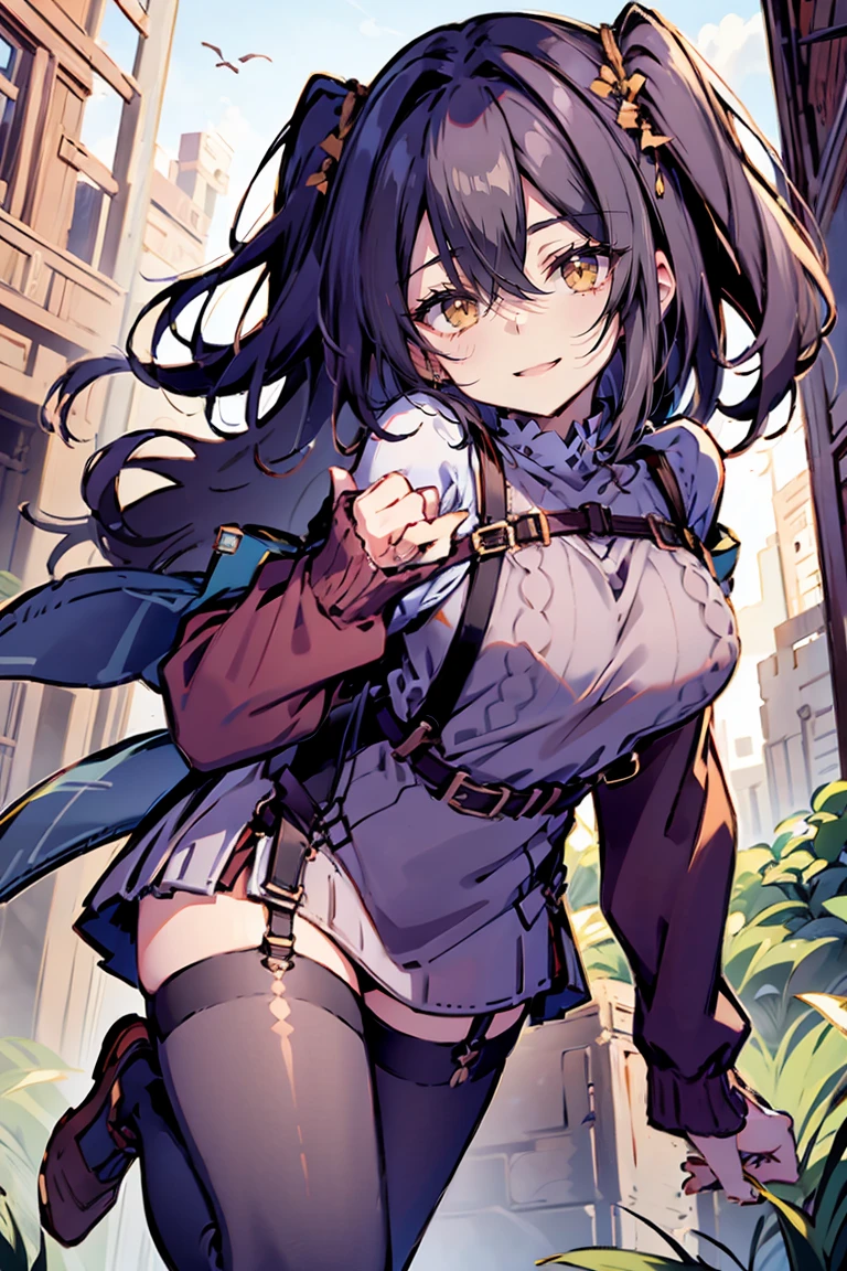 (hui xiyi:1.05), rekkyo sensen, rekkyou sensen, character design with((black hair,  cleaving, breasts clossuspenders1.2), (dress:1.2), blue clothes, swept bangs, belt, (frill shirt:1.25), (knit sweater:1.2), exposed breasts, straps, fues, long hair, (one side up:1.2), nun, long sleeves, (white legwear1.1), (single legwear:1.2), perfect hands, perfect fingers)), (fantasy world:1.2), (garden:1.15), (castle:1.15)