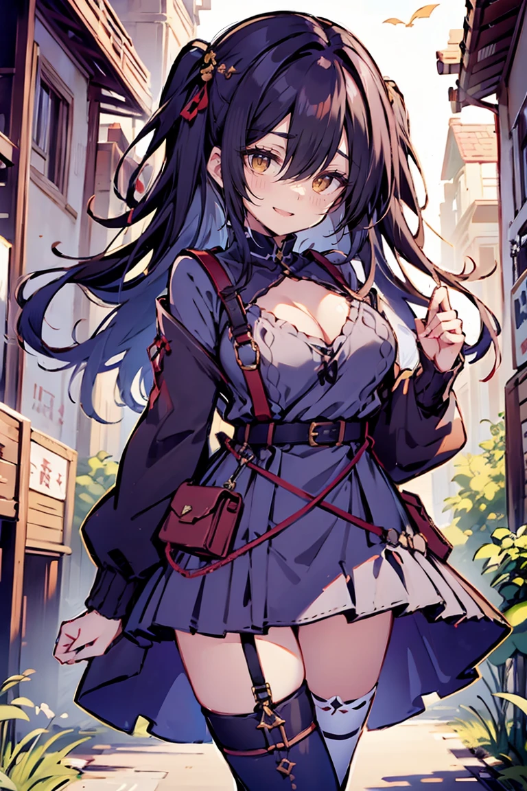 (hui xiyi:1.05), rekkyo sensen, rekkyou sensen, character design with((black hair, tits cleavage, waving, breasts close up, (suspenders1.2), (dress:1.2), blue clothes, swept bangs, belt, (frill shirt:1.25), (knit sweater:1.2), exposed breasts, straps, fur clothes, long hair, (one side up:1.2), nun, long sleeves, (white legwear1.1), (single legwear:1.2), perfect hands, perfect fingers)), (fantasy world:1.2), (garden:1.15), (castle:1.15)