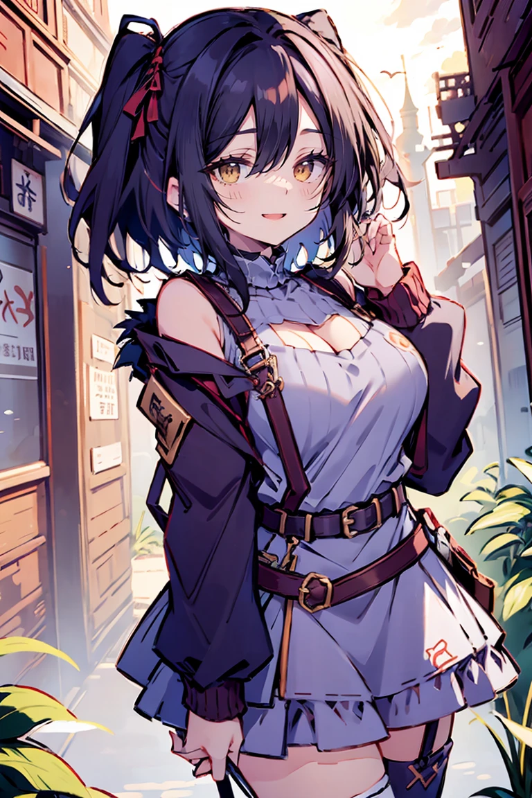 (hui xiyi:1.05), rekkyo sensen, rekkyou sensen, character design with((black hair, tits cleavage, waving, breasts close up, (suspenders1.2), (dress:1.2), blue clothes, swept bangs, belt, (frill shirt:1.25), (knit sweater:1.2), exposed breasts, straps, fur clothes, long hair, (one side up:1.2), nun, long sleeves, (white legwear1.1), (single legwear:1.2), perfect hands, perfect fingers)), (fantasy world:1.2), (garden:1.15), (castle:1.15)