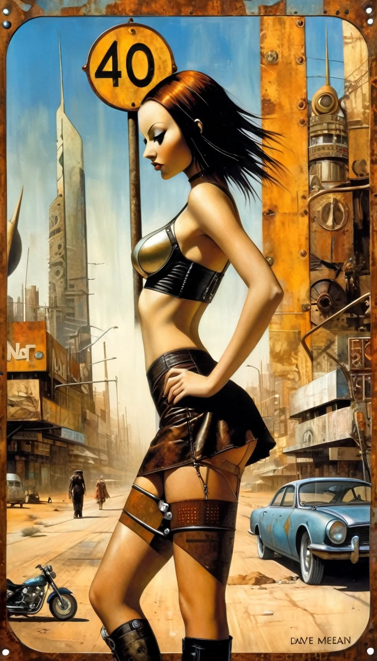 road sign in the desert, rusty smooth metal panel with screwed and welded parts, advertising with a girl in a leather miniskirt and bra, in the distance you can see a futuristic city (Dave Mckean inspired art, intricate details, hand painted oil)