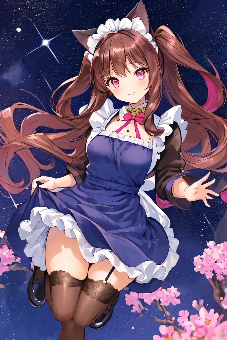 ((masterpiece)), ((best quality)), (ultra-detailed), ((kawaii)), cute, (lovely), illustration, anime style, full body, full body focus, a cute girl, solo, 1girl, Live performance venue, A Japanese anime illustration of an adult woman with long, dark brown hair, longer than her waist, with side hair hanging down. She has a timid expression with modest smile, reflecting a lack of confidence. She's wearing cat ears and a maid outfit, with pink eyes. The character's overall appearance is one of vulnerability and subtle charm, (navy blue Maid outfit dress:1.4), cat ear catsuit, pink eyes, dark brown hair, long hair, adult female, spotlight.