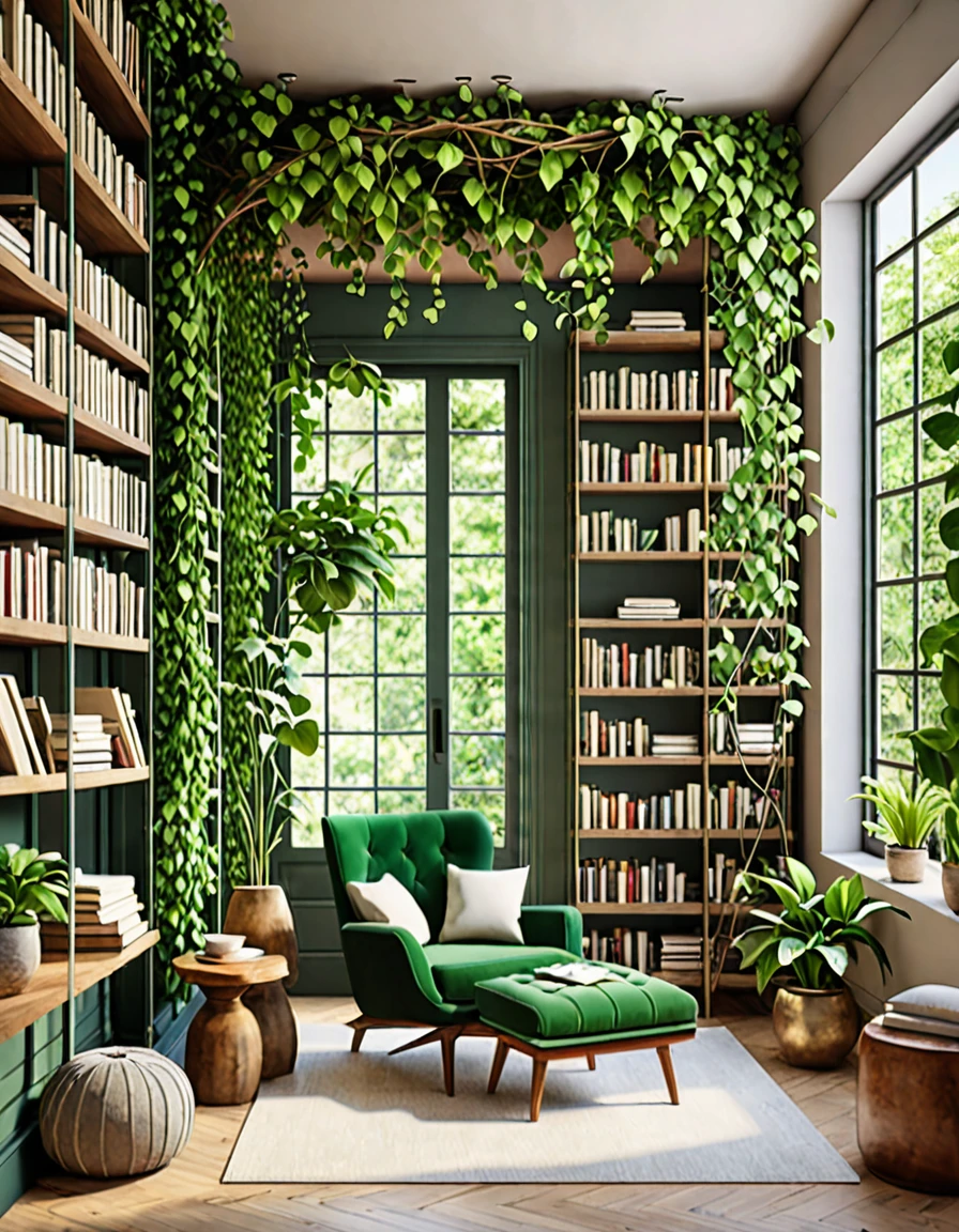 A cozy reading nook adorned with lush green plants. The nook features a comfortable armchair, a small side table stacked with books, and a large bookshelf filled with a variety of literature. Vines hang from the ceiling, and potted plants are arranged on the shelves and floor, creating a serene and inviting atmosphere for book lovers