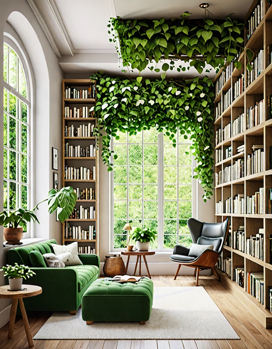 A cozy reading nook adorned with lush green plants. The nook features a comfortable armchair, a small side table stacked with books, and a large bookshelf filled with a variety of literature. Vines hang from the ceiling, and potted plants are arranged on the shelves and floor, creating a serene and inviting atmosphere for book lovers