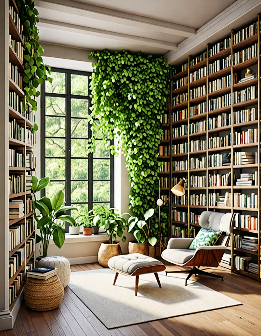 A cozy reading nook adorned with lush green plants. The nook features a comfortable armchair, a small side table stacked with books, and a large bookshelf filled with a variety of literature. Vines hang from the ceiling, and potted plants are arranged on the shelves and floor, creating a serene and inviting atmosphere for book lovers