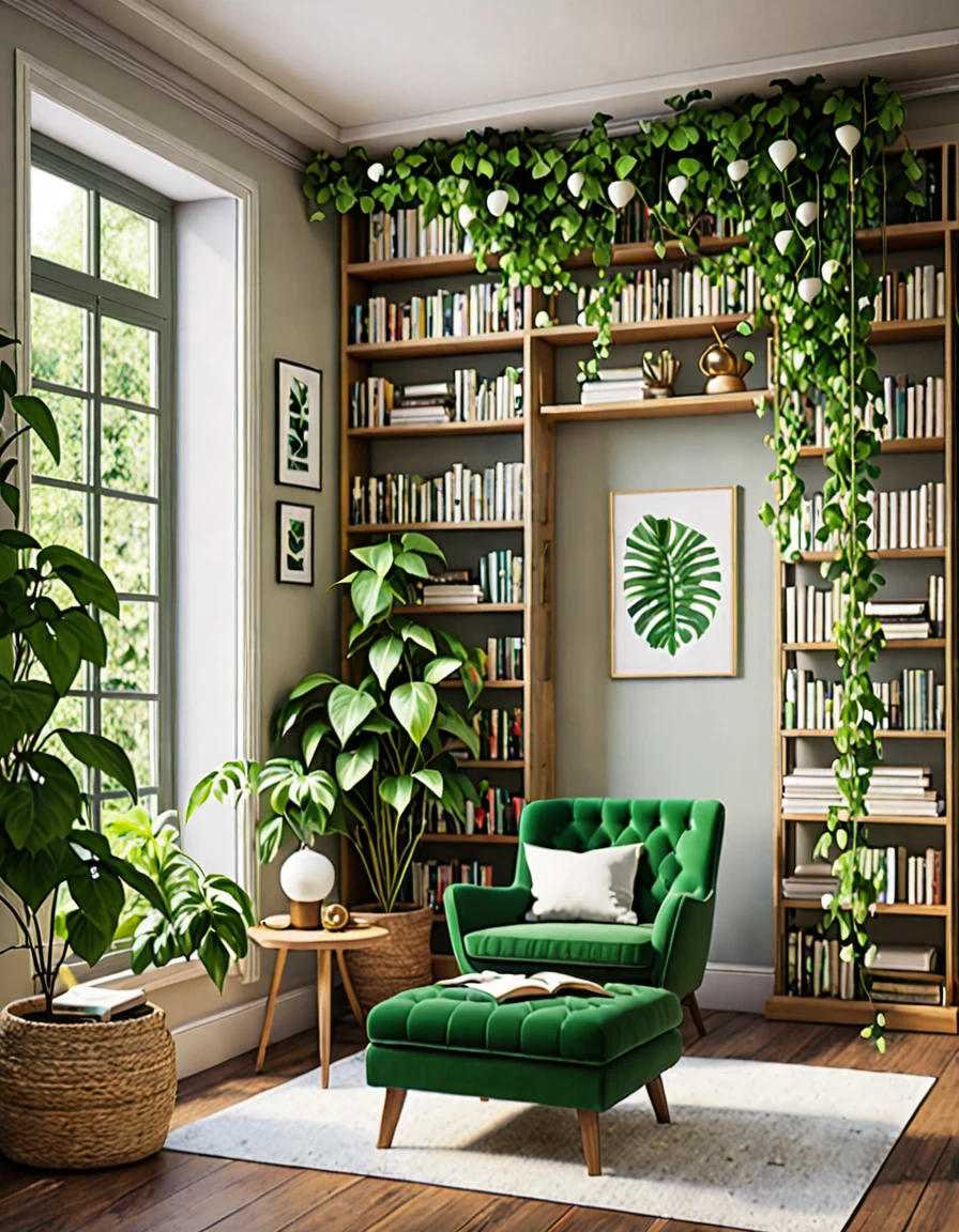 A cozy reading nook adorned with lush green plants. The nook features a comfortable armchair, a small side table stacked with books, and a large bookshelf filled with a variety of literature. Vines hang from the ceiling, and potted plants are arranged on the shelves and floor, creating a serene and inviting atmosphere for book lovers