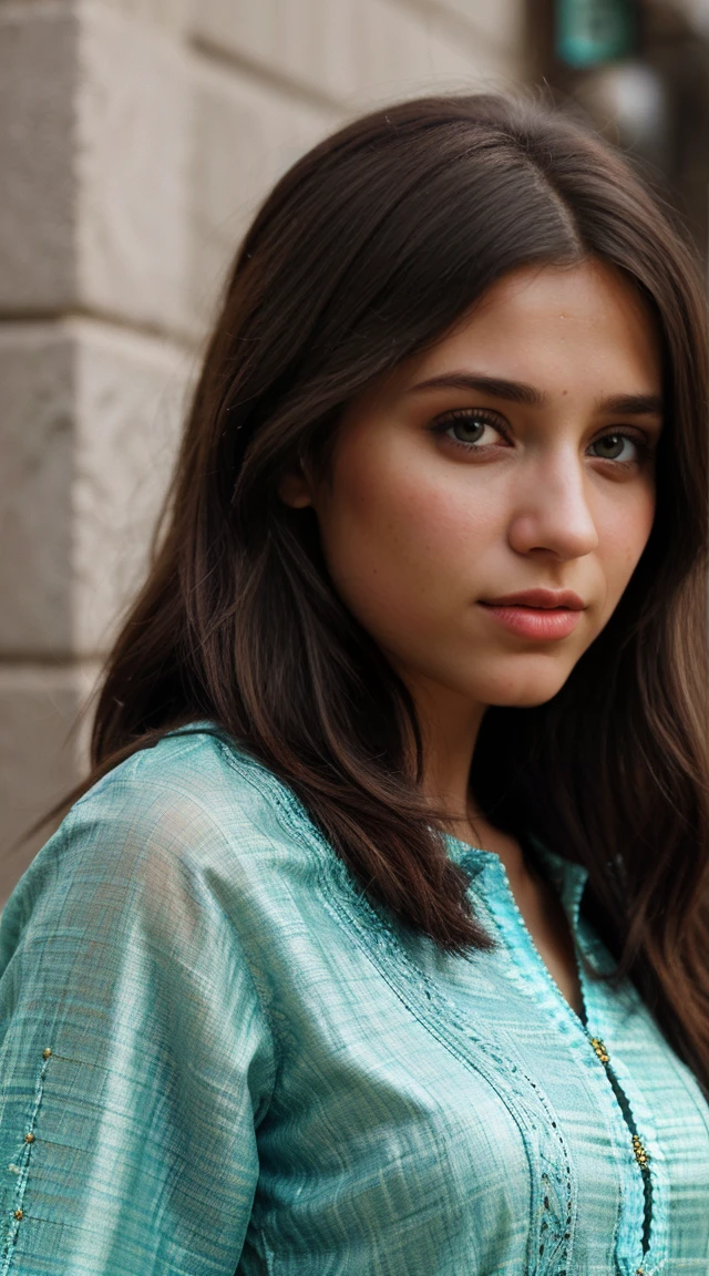 Generate a realistic, highly detailed 16k resolution image of a young woman with facial features similar to Aitana López. She should be wearing a traditional Pakistani kurta pajama with intricate designs and tight fit. The kurta should have rich, vibrant colors and detailed embroidery. The background should be simple and not distracting, focusing the viewer's attention on her face and attire. Ensure the lighting highlights the textures and details of both her face and clothing.