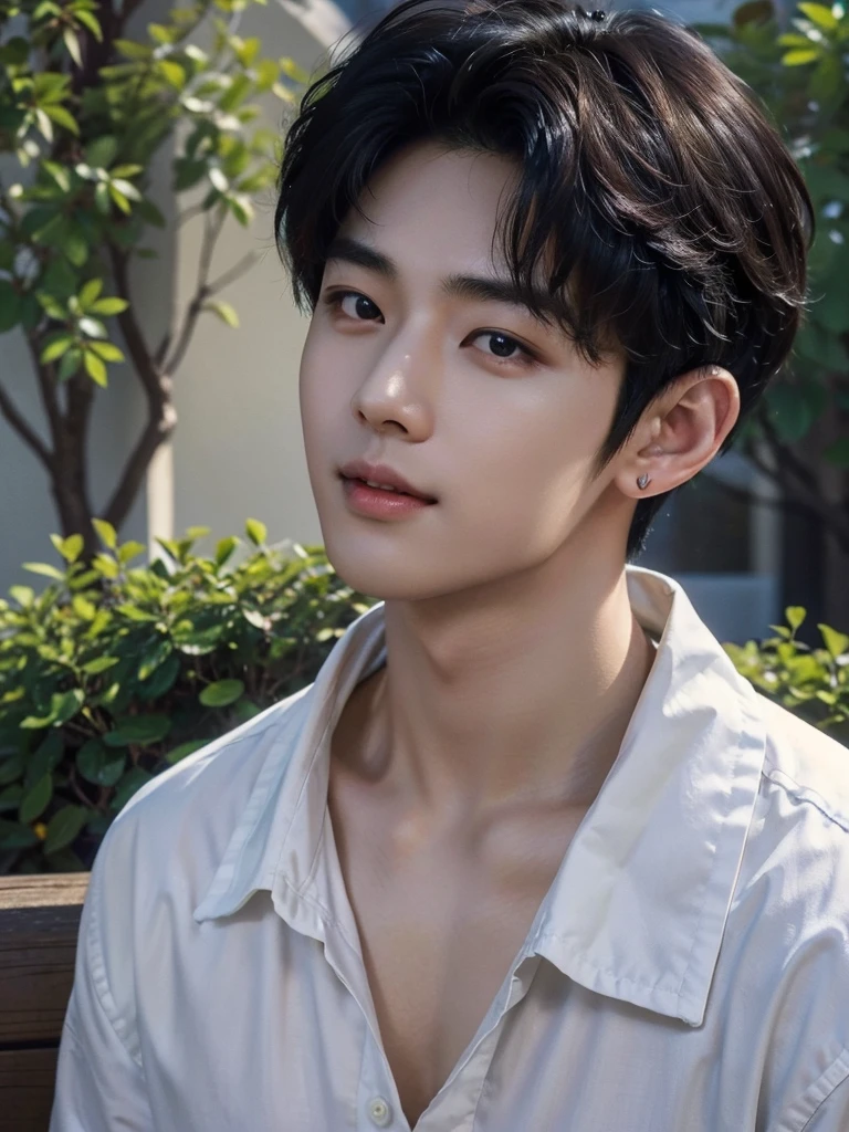 (Realistic, masterpiece, 8k hd, good quality of lighting, Portraiture, Face close-up, Intricate details), handsome young korean man, 20-year-old, cute, Happy, Hilarious, restive, Laugh brightly, White teeth, Friendly, Charm, Detailed face, Fine grain, Gazing at the sky, Casual wear, Earrings, Brown eyes, Black Hair, Smooth Hair, Curly Hair, bangs, Outdoor, early morning, A dreamlike world, Surrealism, Mysterious