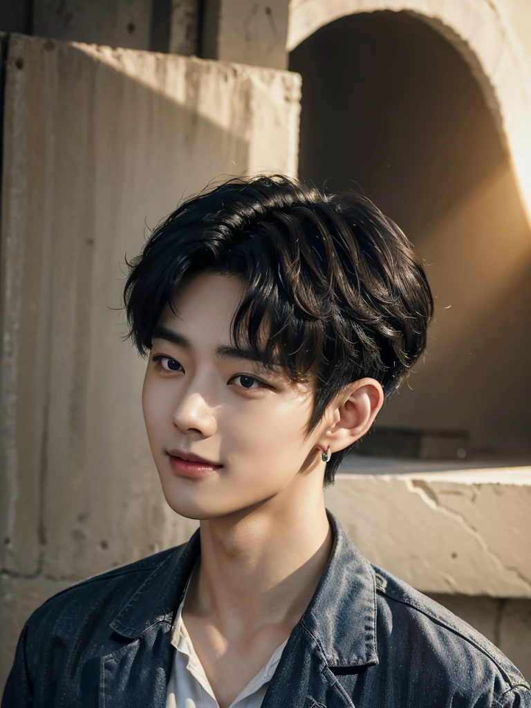 (Realistic, masterpiece, 8k hd, good quality of lighting, Portraiture, Face close-up, Intricate details), handsome young korean man, 20-year-old, cute, Happy, Hilarious, restive, Laugh brightly, White teeth, Friendly, Charm, Detailed face, Fine grain, Gazing at the sky, Casual wear, Earrings, Brown eyes, Black Hair, Smooth Hair, Curly Hair, bangs, Outdoor, early morning, A dreamlike world, Surrealism, Mysterious