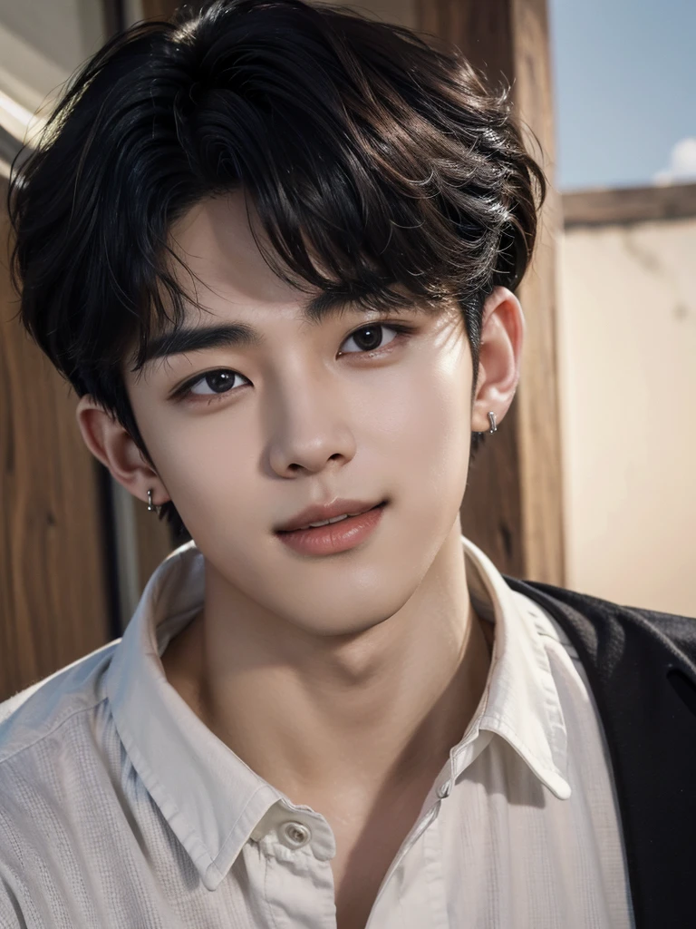 (Realistic, masterpiece, 8k hd, good quality of lighting, Portraiture, Face close-up, Intricate details), handsome young korean man, 20-year-old, cute, Happy, Hilarious, restive, Laugh brightly, White teeth, Friendly, Charm, Detailed face, Fine grain, Gazing at the sky, Casual wear, Earrings, Brown eyes, Black Hair, Smooth Hair, Curly Hair, bangs, Outdoor, early morning, A dreamlike world, Surrealism, Mysterious