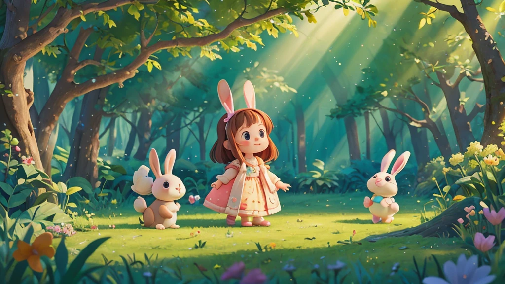 Cute one  , Sarah and the bunny playing together in a magical forest, pixar style, best quality, stills,