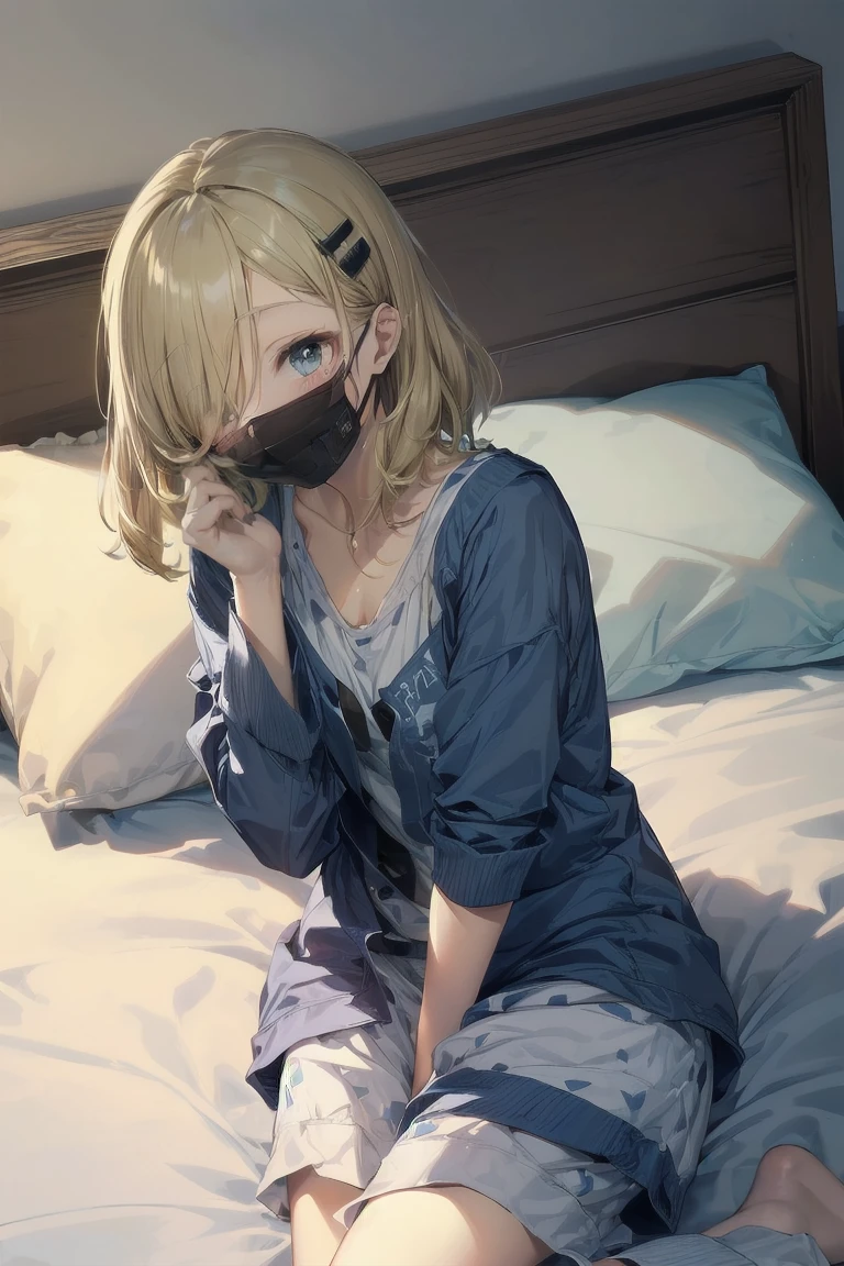 (white mouth mask:1.5),(closed eyes), (lie on bed:1.5),Highest quality, Anime Moe Art Style,Best Anime 8K Konachan Wallpaper,Perfect Anatomy, (One Girl:1.5), (alone,13 years old:1.8),high school student, short hair, (Straight hair:1.6),(Medium chest),(Blonde:1.8),Complete limbs, Full Finger,medium breast,Small eyes,Accurate blue eyes, (hair over one eye:1.5),Hair Clip, Very detailed,High resolution,Very detailed肌, Professional Lighting,8K eye detail, (Cute illustrations:1.2), (indoor),(Cute Girl's Room:1.4),(modern and sophisticated furniture:1.2),(plush velvet chair and ottoman:1.4),(elegant curtains and window treatments:1.2),(Designer Fashion:1.4),(Instagrammable fashion photo corner:1.2),(unique framed statement mirror:1.4),
(fashion runway style rug:1.2),(Customized closet filled with trendy clothes:1.2),(gorgeous dressing table:1.2),(Fashion Magazines:1.2),(Cute decoration:1.4),(chic lighting fixtures:1.4),(comfortable and stylish bedding:1.4),(Specialized area for fashion accessories:1.3),(高级饰品:1.2),(fashion sketch and design book:1.2),(bed:1.9),(ankle socks:1.2),nose blush ,A girl lying in bed with a cold with her head on the pillow, cute, detailed drawing, under art,
1 girl, bangs, bed, blush, sweat, cold, blond hair,(pajamas:1.5), indoors,lying on back, pillow, side lock, sleeping, on futon, on futon sleeping face to face,