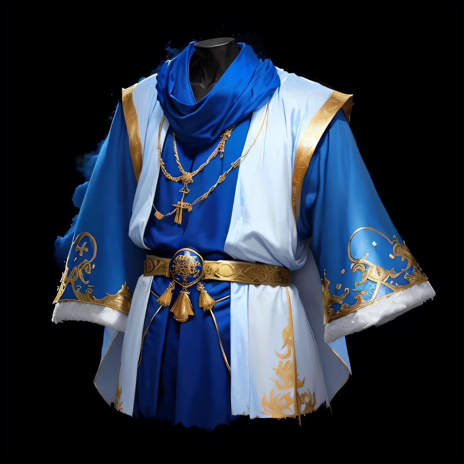 Blue and white shirt，With a gold belt and blue and white robe, cloud mage robes, cotton cloud mage robes, Fantasy Robe, Flowing Magic Robe, Blue robe, Dark blue and white robe, mage robe based on a toucan, Monk robes, Blue robes, Flowing robe, Stately robes, blue tunic and robes, ornate Flowing robe