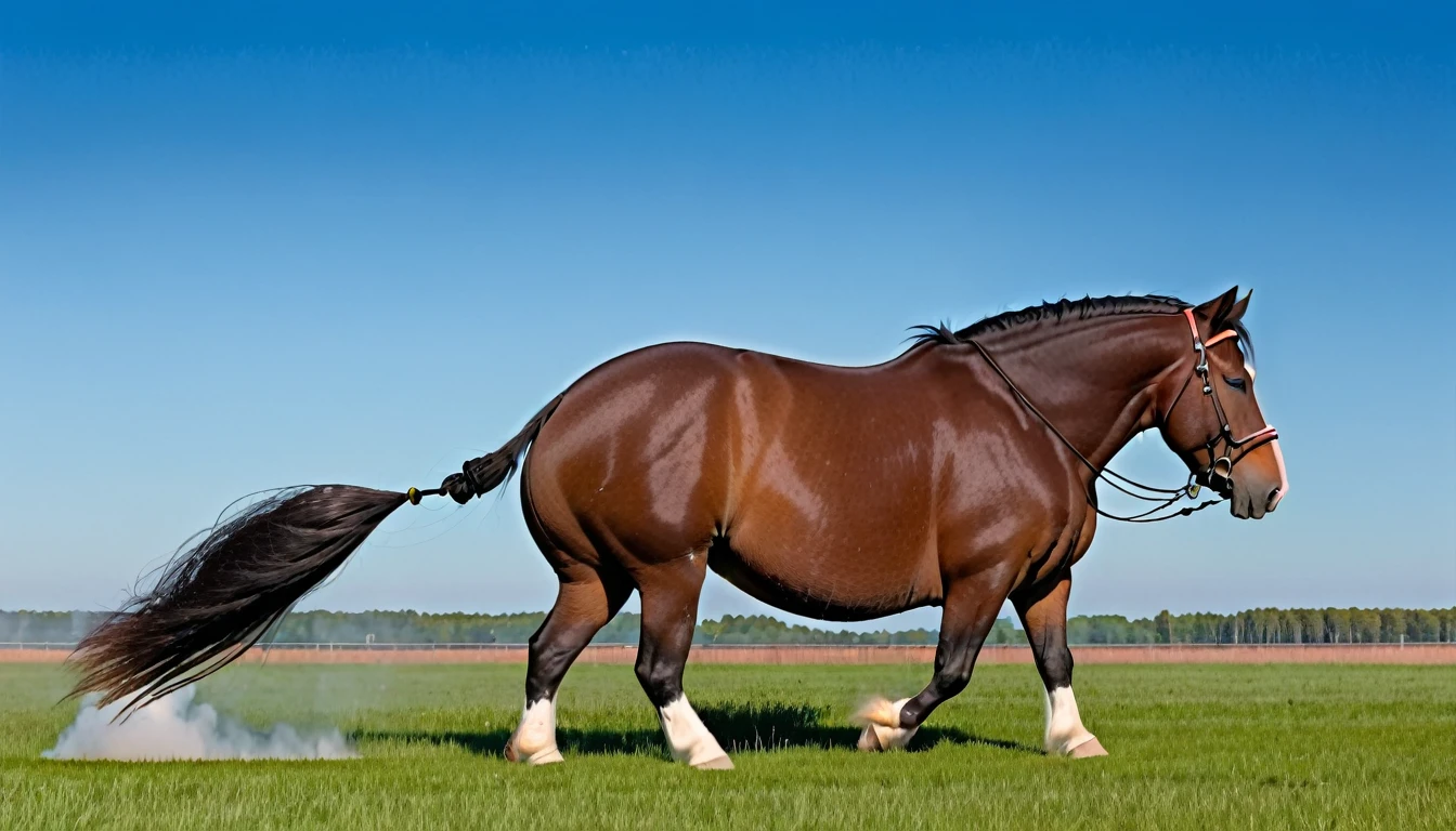 big fat Belgian draft horse mare (side view). massive bum. very short tail. horse facing horizon . ((riding, very full figured, very dark skinned), BBW, nude African woman) flat grass meadow. steaming horse dung behind horse. cloudless blue sky.