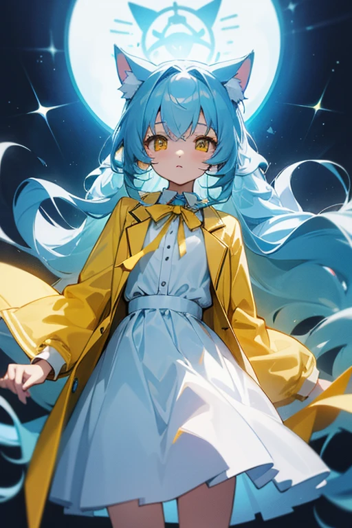 Light blue, slightly long curly hair、Cat ear、Yellow Eyes、White dress shirt-like blouse、Yellow jacket、Light blue ribbon on chest、Light blue skirt、Girl、15 years old、cute