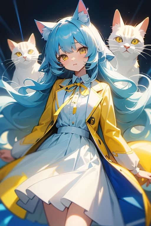 Light blue, slightly long curly hair、Cat ear、Yellow Eyes、White dress shirt-like blouse、Yellow jacket、Light blue ribbon on chest、Light blue skirt、Girl、15 years old、cute