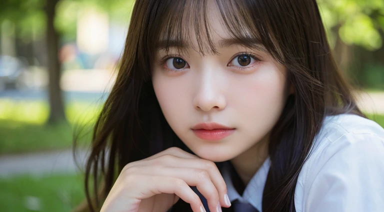 (Long Hair, bangs:1.2),(Wearing school uniform:1.2),1 girl,Japanese,21 years old,(Small breasts:1.3),(Highest quality,masterpiece:1.3,超A high resolution,),(Ultra-detailed,Caustics),(Photorealistic:1.4,RAW shooting,)Ultra-Realistic Capture,Very detailed,High resolution 16K human skin close-up。 Natural skin texture、,Pores、、It needs to be detailed enough to be easily identifiable。 Skin should be even-toned and healthy looking。 Use natural light and colour, Sad expression, Looking at the camera, Perfect dynamic composition, Outdoor