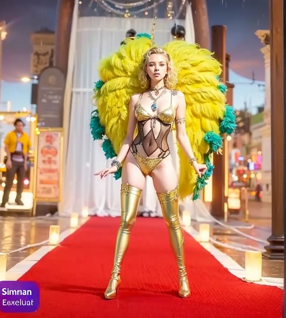 Cute and  18 year old girl, Carnival Bikini Woman suit, short curly hair, blonde hair, beautiful face, rain, roof, masterpiece, exquisite details, perfect , fighting stance realistic