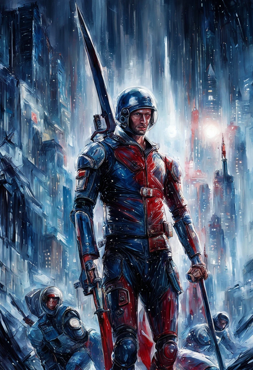 perfect proportions, anatomically correct, (head to toe: 2.0), (full body image: 2.0), solo, (Casshern: 1.6), extremely stylized, deviant art, masterpiece, highly detailed, detailed eyes, expressive detailed eyes, detailed pupils, futuristic, ((1950s scifi helmet)), ((pointy helmet)), Rubber Gloss, (red flightsuit:1.4), white boots, entire body image, full body shot, nvinkpunk, professional photograph of alexander_skarsgard, tassles, large beads, large tassels, navy blue and white, cyberpunk, inkpunk, paint platter, ink splatter, (action pose:1.0), ((holding a two pronged spear)),tyxx,xianxia