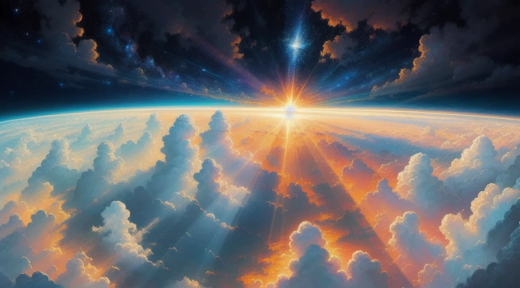 (best quality, high resolution painting), beautiful celestial scene,flying together in the sky, view from above, angel,Jesus,lots of divine light, white clouds, sun rays, stunning visuals, bright lights, magical effects,celestial photography.