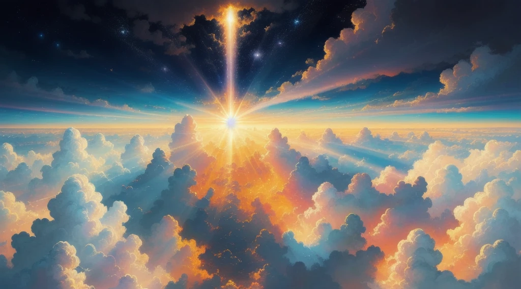 (best quality, high resolution painting), beautiful celestial scene,flying together in the sky, view from above, angel,Jesus,lots of divine light, white clouds, sun rays, stunning visuals, bright lights, magical effects,celestial photography.