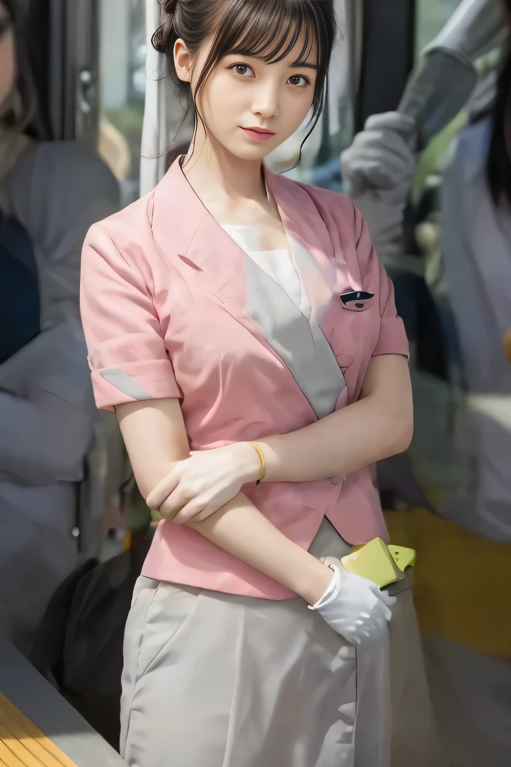 (masterpiece:1.2, Highest quality:1.2), 32k HDR, High resolution, (alone、1 girl)、(On the rooftop of a building in the daytime、Professional Lighting)、Building rooftop background、(Nankai train crew uniform pinkを着たリアルスタイル)、(Nankai train crew uniform pink short sleeve collarless pink jacket、Nankai Train Crew Uniform Pink Collarless Short Sleeve Blouse、Nankai Train Crew Uniform Pink Grey Knee-length Culottes)、((The bottom of the pink short-sleeved jacket cannot be tucked into the clay-colored culottes.))、Dark brown hair、(Hair tied up、Hair Bun、Hair Bun)、Dark brown hair、Long Shot、Big Breasts、Thin legs、((Great hands:2.0)),((Harmonious body proportions:1.5)),((Normal limbs:2.0)),((Normal finger:2.0)),((Delicate eyes:2.0)),((Normal eyes:2.0)))、(Nankai Train Crew Uniform Pink Grey Knee-length Culottesを見せた美しい立ち姿)、smile