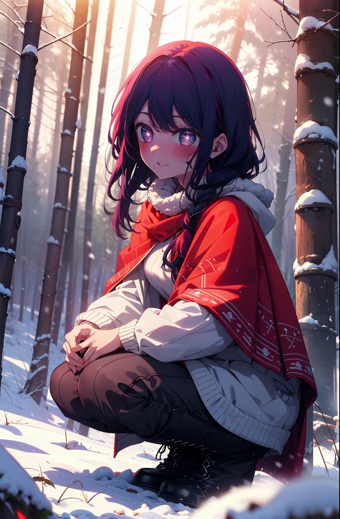aihoshino, Ai Hoshino, Long Hair, bangs, (Purple eyes:1.1), Purple Hair, (Symbol-shaped pupil:1.5), smile,,smile,blush,White Breath,
Open your mouth,snow,Ground bonfire, Outdoor, boots, snowing, From the side, wood, suitcase, Cape, Blurred, , forest, White handbag, nature,  Squat, Mouth closed, Cape, winter, Written boundary depth, Black shoes, red Cape break looking at viewer, Upper Body, whole body, break Outdoor, forest, nature, break (masterpiece:1.2), Highest quality, High resolution, unity 8k wallpaper, (shape:0.8), (Beautiful and beautiful eyes:1.6), Highly detailed face, Perfect lighting, Extremely detailed CG, (Perfect hands, Perfect ),