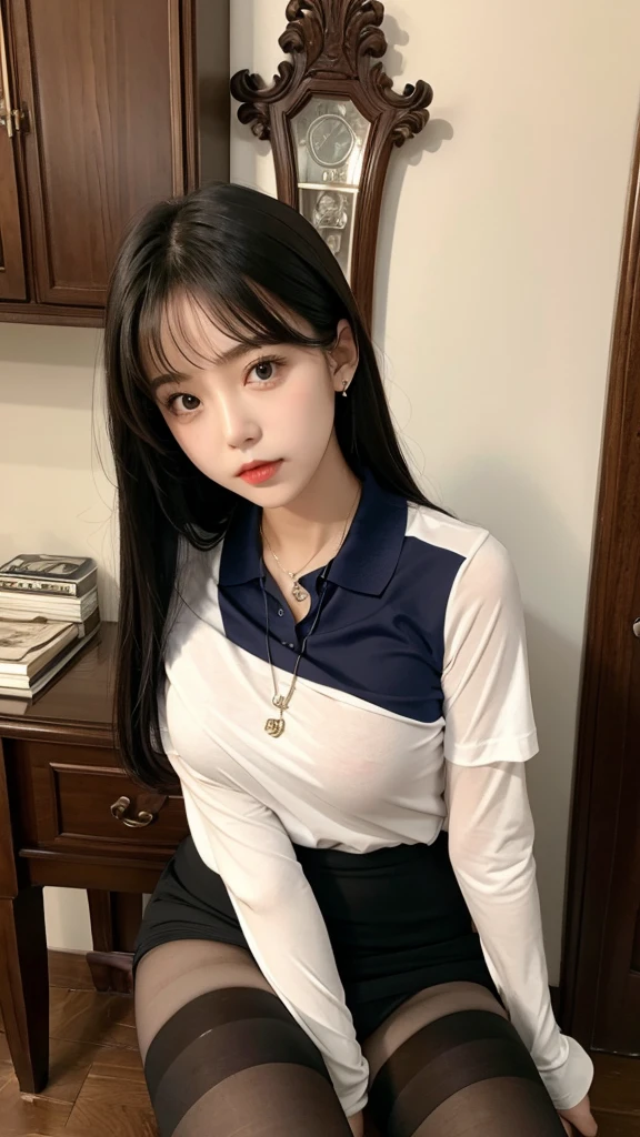 polo shirt、pantyhose/stockings、pendant、nsfw,revealing