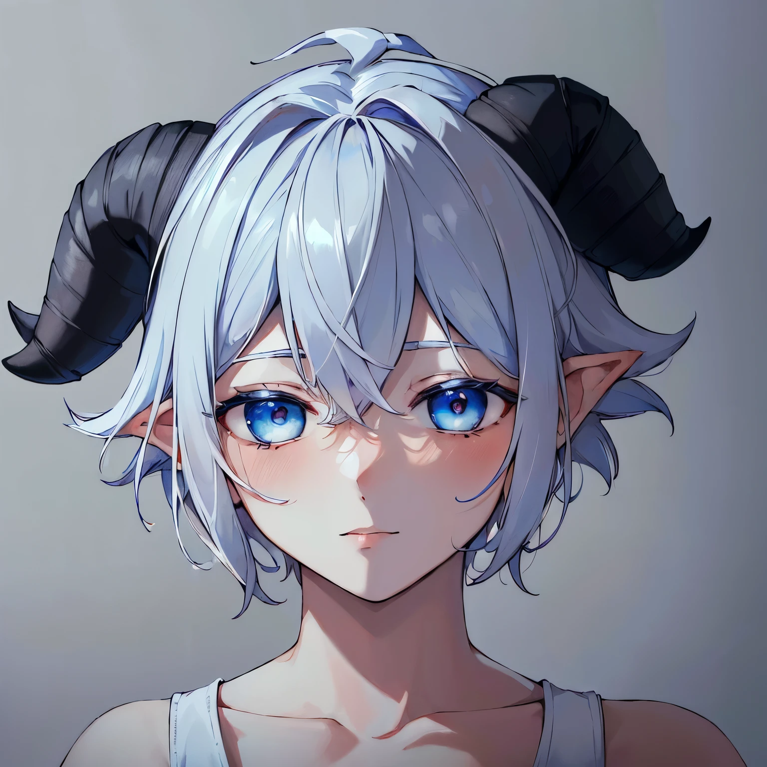 (masterpiece, best quality, high resolution:1.4), Outline, monochrome, 1 boy, Solitary, Solitary focus, portrait, short hair, Black Hair, Heterochromia, One blue eye, Short sleeve, Simple background sheep horns lop ears