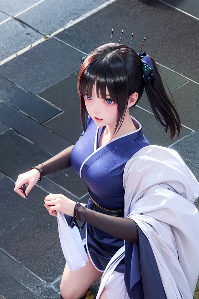 short hair, Twin tails、 blue eyes, hair ornaments, Hair Ribbon, blunt , Both sides up, butterfly hair ornaments, skirt, No sleeve、Random color see-through kunoichi costume、Japanese see-through female samurai costume、See-through female ninja costume,, Open clothes, Collared dress emphasizes cleavage、胸の谷間のSweat is noticeable、Professional lighting light reflection、 looking at viewer, (masterpiece:1.2), Highest quality, High resolution, unity 8k wallpaper, (figure:0.8), (Beautiful fine details:1.6), Highly detailed face, Perfect lighting, Highly detailed CG, (Perfect hands, Perfect Anatomy),heavy rain、heavy rainで全身びしょ濡れ、heavy rainで全身びしょ濡れの服、High heels、 ((Perfect handsの形))、(Perfect foot shape、Embarrassed expression、blush、Gestures to seduce a man、Shining Sweat、Perfect Skin,Sweat is noticeable、太もものSweat is noticeable、 Fair skin,Tight waist, Sweating profusely、Sweaty hair、Sweaty clothes、Sweaty、Visible sweat、rain-wet hair、A vast Western church with stained glass windows
