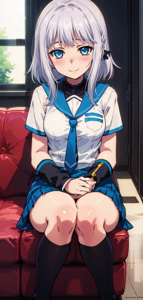1 girl, kanon kanase,  blush, medium breasts, sleeveless,((( uniform))),  20-year-old, healthy skin, smile, (indoors), detailed eyes. Sitting.