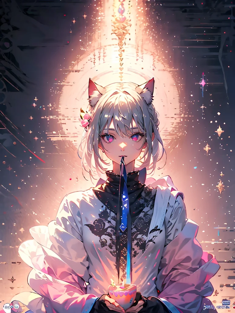 Highly detailed face,fine grain,Sparkling eyes,Highlighted eyes,Medium chest,pretty girl, Longing eyes,Cat ear, Beautiful silver hair,Pink inside,Beautiful pink eyes,Oversized shirt,skirt,Cafe
