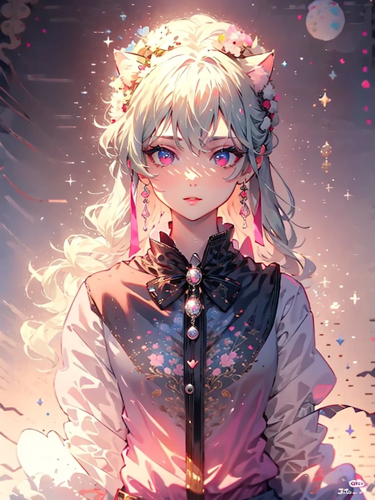 Highly detailed face,fine grain,Sparkling eyes,Highlighted eyes,Medium chest,pretty girl, Longing eyes,Cat ear, Beautiful silver hair,Pink inside,Beautiful pink eyes,Oversized shirt,skirt,Cafe
