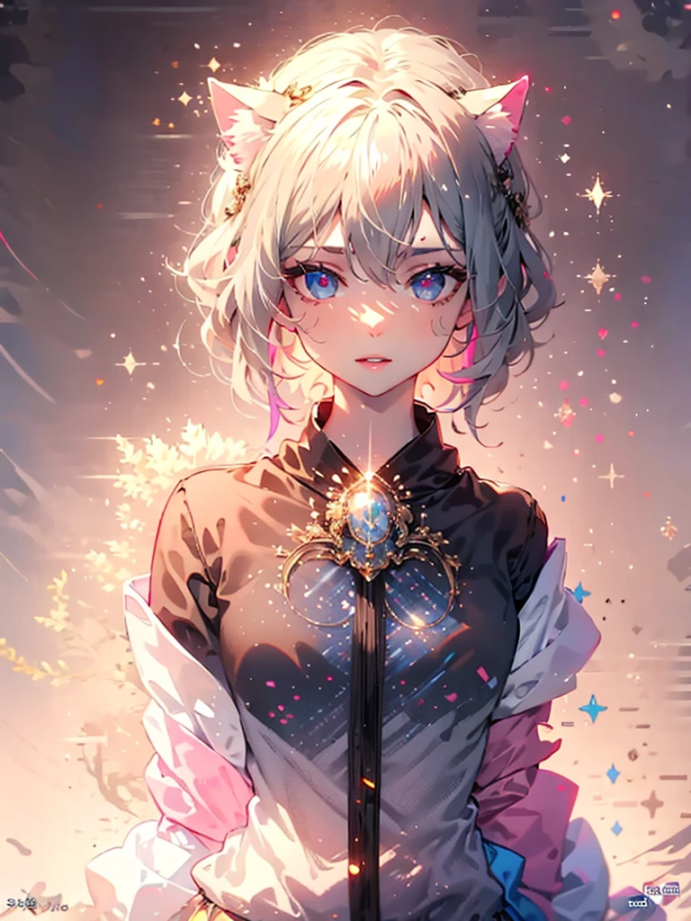 Highly detailed face,fine grain,Sparkling eyes,Highlighted eyes,Medium chest,pretty girl, Longing eyes,Cat ear, Beautiful silver hair,Pink inside,Beautiful pink eyes,Oversized shirt,skirt,Cafe