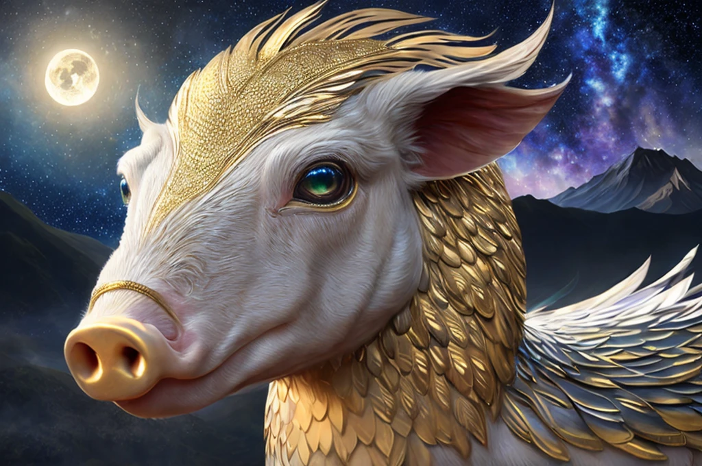 body: Imagine a large snake, with a long, sinuous body that glides elegantly through the air. Pig scales are iridescent, reflecting the moonlight with silver tones, blues and greens. Along your spine, you can see a line of larger and shiny scales, that give it a majestic and resplendent appearance.
head: Its head has an elongated and elegant shape., with a crest of golden feathers that extends from the forehead to the nape of the neck. His eyes are big and bright, shining with a silvery glow reminiscent of the full moon. The expression on his face is serene but powerful., showing wisdom and strength.
Alas: Quilla Amaru has a pair of feathered wings that sprout from its back.. The feathers are large and soft, with a color gradient that goes from silvery white at the tips to gold at the base. When he spreads his wings, It seems that the night sky lights up with a heavenly glow.
Additional details: throughout your body, small stars seem to be embedded between its scales, adding a magical touch to your appearance. At the base of your neck, she wears a moonstone necklace, symbol of his divine origin.
Around: Visualize it flying between the highest mountains of the Andes, under a starry sky and a bright full moon. Their presence brings a soft glow to the mountain tops and a sense of peace and protection to the land below.. Shape and Contour:
Quilla Amaru's face has an elongated, streamlined shape., reminiscent of snakes, but with softer and more refined features that transmit nobility and wisdom.
Eyes:
The eyes are large and expressive, with a silvery shine reminiscent of moonlight. They are slightly almond-shaped and have a vertical pupil that gives them a mystical air.. around the eyes, Fine golden lines enhance its brilliance and suggest a connection with the celestial..