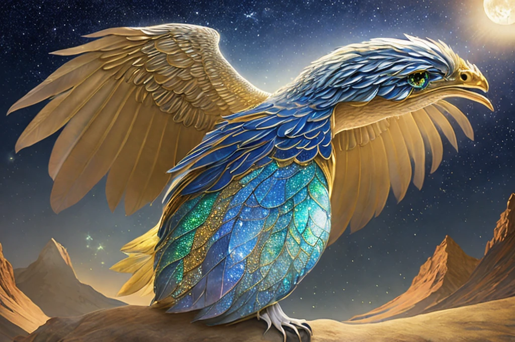 body: Imagine a large snake, with a long, sinuous body that glides elegantly through the air. Pig scales are iridescent, reflecting the moonlight with silver tones, blues and greens. Along your spine, you can see a line of larger and shiny scales, that give it a majestic and resplendent appearance.

head: Its head has an elongated and elegant shape., with a crest of golden feathers that extends from the forehead to the nape of the neck. His eyes are big and bright, shining with a silvery glow reminiscent of the full moon. The expression on his face is serene but powerful., showing wisdom and strength.

Alas: Quilla Amaru has a pair of feathered wings that sprout from its back.. The feathers are large and soft, with a color gradient that goes from silvery white at the tips to gold at the base. When he spreads his wings, It seems that the night sky lights up with a heavenly glow.

Additional details: throughout your body, small stars seem to be embedded between its scales, adding a magical touch to your appearance. At the base of your neck, she wears a moonstone necklace, symbol of his divine origin.

Around: Visualize it flying between the highest mountains of the Andes, under a starry sky and a bright full moon. Their presence brings a soft glow to the mountain tops and a sense of peace and protection to the land below..      Shape and Contour:

Quilla Amaru&#39;s face has an elongated, streamlined shape., reminiscent of snakes, but with softer and more refined features that transmit nobility and wisdom.
Eyes:

The eyes are large and expressive, with a silvery shine reminiscent of moonlight. They are slightly almond-shaped and have a vertical pupil that gives them a mystical air.. around the eyes, Fine golden lines enhance its brilliance and suggest a connection with the celestial..