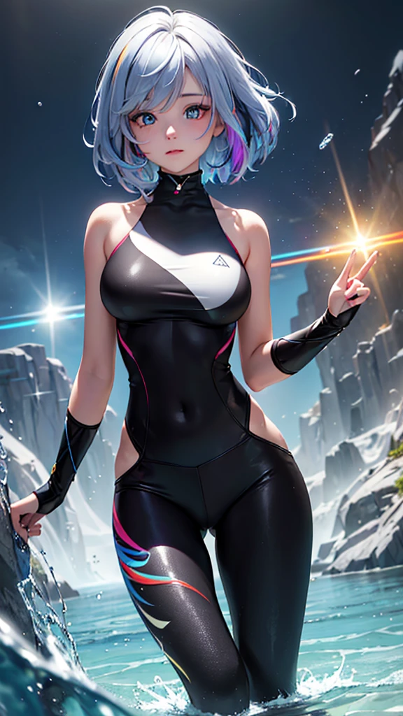{{masterpiece}}, best quality, extremely detailed CG unity 8k wallpaper, cinematic lighting, lens flare, beautiful detail eyes, black,  side glance,  multicolor short blonde hair, colorful light, particles, heterochromia, (colorful:1.5), (colorful hair:1.5), swimming suit, 