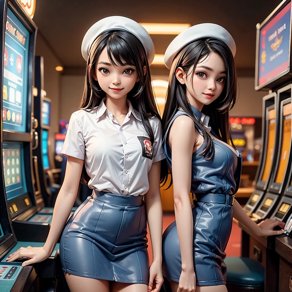 happy and smile, indonesian girl wearing high , teasing you, waiting customer play, work as casino customer service, standing in between slot machine