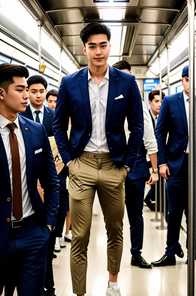 1人，A 20-year-old man in the subway，Standing in a subway car，Ultra-flat head，Wearing a suit and pants，huge bulge, leg apart，musculous，Handsome，Look at your phone，Wear AirPods，Wear an Apple Watch， backpack，white short socks，White sneakers，pervert smirk，exhilarated，full bodyesbian，Exposing thighs，Expose calves，Thick leg hair，In crowded subway cars，gentlesoftlighting，tmasterpiece，best qualtiy，8K UHD，digital SLR camera，filmgrain，Fujifilm XT3 Realistic painting art，Written by Midjourney and Greg Rutkowski