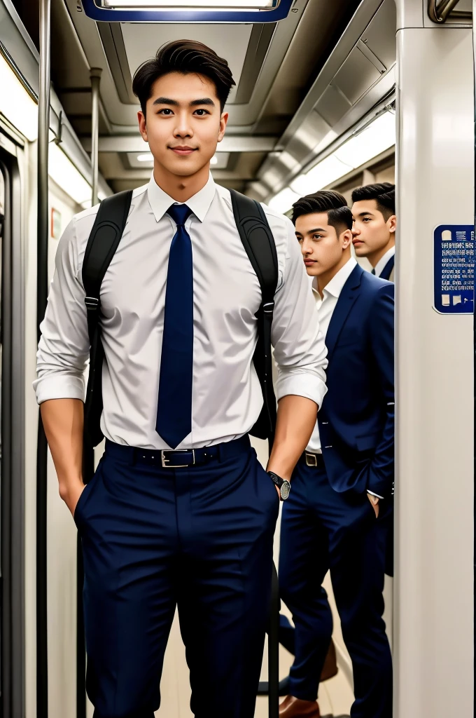 1人，A 20-year-old man in the subway，Standing in a subway car，Ultra-flat head，Wearing a suit and pants，huge bulge, leg apart，musculous，Handsome，Look at your phone，Wear AirPods，Wear an Apple Watch， backpack，white short socks，White sneakers，pervert smirk，exhilarated，full bodyesbian，Exposing thighs，Expose calves，Thick leg hair，In crowded subway cars，gentlesoftlighting，tmasterpiece，best qualtiy，8K UHD，digital SLR camera，filmgrain，Fujifilm XT3 Realistic painting art，Written by Midjourney and Greg Rutkowski