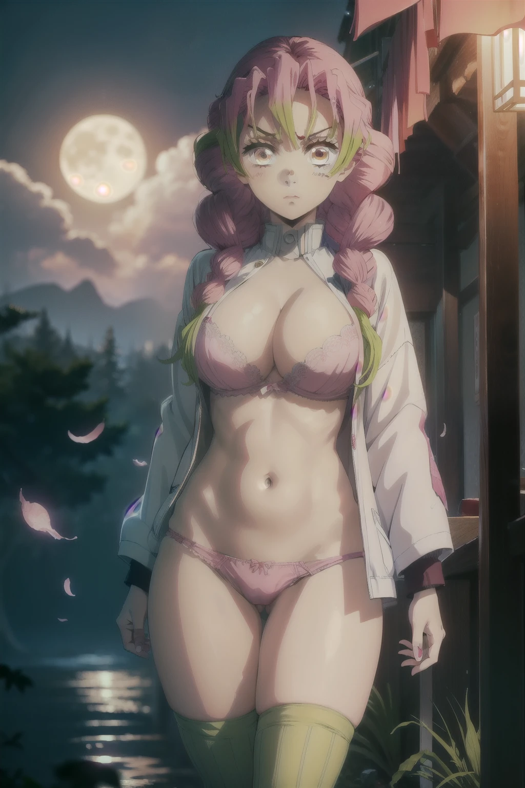 Masterpiece ,ultra detailed, mitsuri kanroji , pink and green hair  , Angry face,  , solo ,   jacket, open clothes,  bra , big  ,(sexy body) pantie ,huge breasts , long  socks  , looking at viewer . Standing  ,night , moon background. 