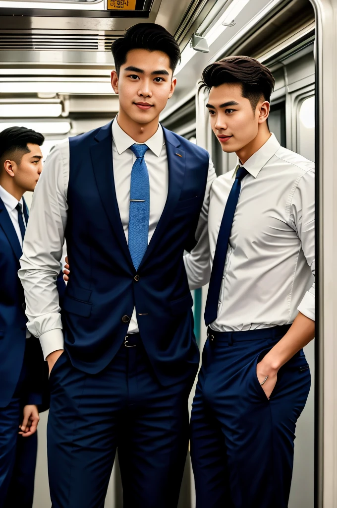 1人,A 20-year-old man in the subway,Standing in a subway car,Ultra-flat head,Wearing a suit and pants,huge bulge, leg apart,musculous,Handsome,Look at your phone,Wear AirPods,Wear an Apple Watch, backpack,white short socks,White sneakers,pervert smirk,exhilarated,full bodyesbian,Exposing thighs,Expose calves,Thick leg hair,In crowded subway cars,gentlesoftlighting,tmasterpiece,best qualtiy,8K UHD,digital SLR camera,filmgrain,Fujifilm XT3 Realistic painting art,Written by Midjourney and Greg Rutkowski
