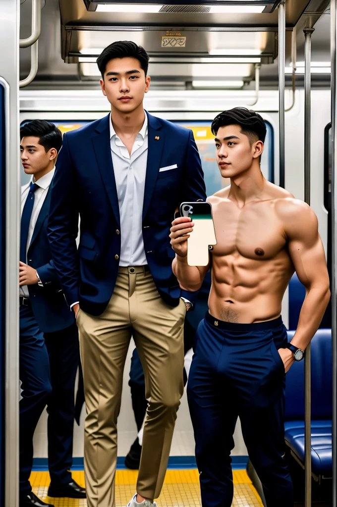 1人，A 20-year-old man in the subway，Standing in a subway car，Ultra-flat head，Wearing a suit and pants，huge bulge, leg apart，musculous，Handsome，Look at your phone，Wear AirPods，Wear an Apple Watch， backpack，white short socks，White sneakers，pervert smirk，exhilarated，full bodyesbian，Exposing thighs，Expose calves，Thick leg hair，In crowded subway cars，gentlesoftlighting，tmasterpiece，best qualtiy，8K UHD，digital SLR camera，filmgrain，Fujifilm XT3 Realistic painting art，Written by Midjourney and Greg Rutkowski