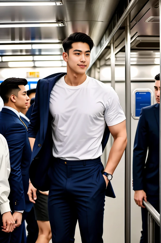 1人,A 20-year-old man in the subway,Standing in a subway car,Ultra-flat head,Wearing a suit and pants,huge bulge, leg apart,musculous,Handsome,Look at your phone,Wear AirPods,Wear an Apple Watch, backpack,white short socks,White sneakers,pervert smirk,exhilarated,full bodyesbian,Exposing thighs,Expose calves,Thick leg hair,In crowded subway cars,gentlesoftlighting,tmasterpiece,best qualtiy,8K UHD,digital SLR camera,filmgrain,Fujifilm XT3 Realistic painting art,Written by Midjourney and Greg Rutkowski