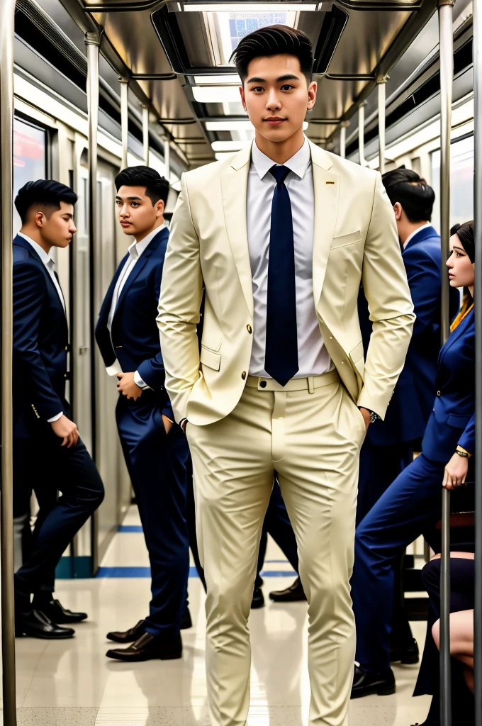 1人,A 20-year-old man in the subway,Standing in a subway car,Ultra-flat head,Wearing a suit and pants,huge bulge, leg apart,musculous,Handsome,Look at your phone,Wear AirPods,Wear an Apple Watch, backpack,white short socks,White sneakers,pervert smirk,exhilarated,full bodyesbian,Exposing thighs,Expose calves,Thick leg hair,In crowded subway cars,gentlesoftlighting,tmasterpiece,best qualtiy,8K UHD,digital SLR camera,filmgrain,Fujifilm XT3 Realistic painting art,Written by Midjourney and Greg Rutkowski