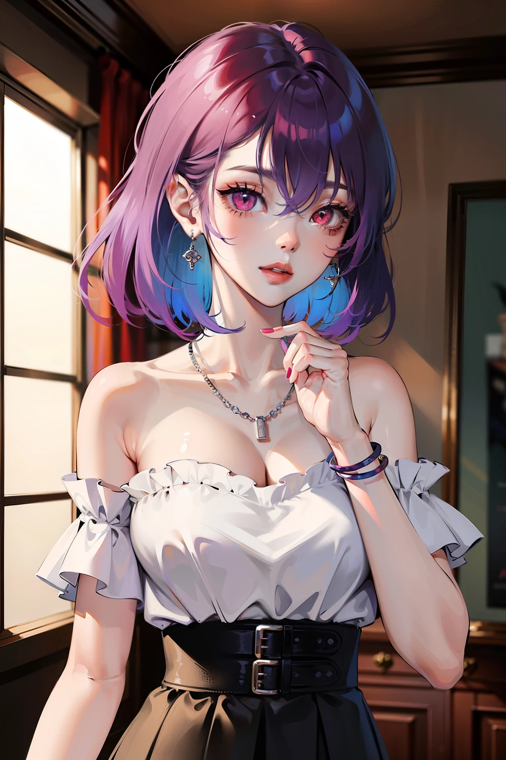 masterpiece, best quality, highly detailed, 1girl, solo, perfect anatomy, slim, red eyes, blue hair, bangs, purple hair, hair between eyes, multicolored hair, gradient hair, pink lips, thick thighs , edgCT, blouse, wearing edgCT, chic top, light smile, detailed background, indoor, standing, sexy, sunglasses, skirt, earrings, necklace, bracelet