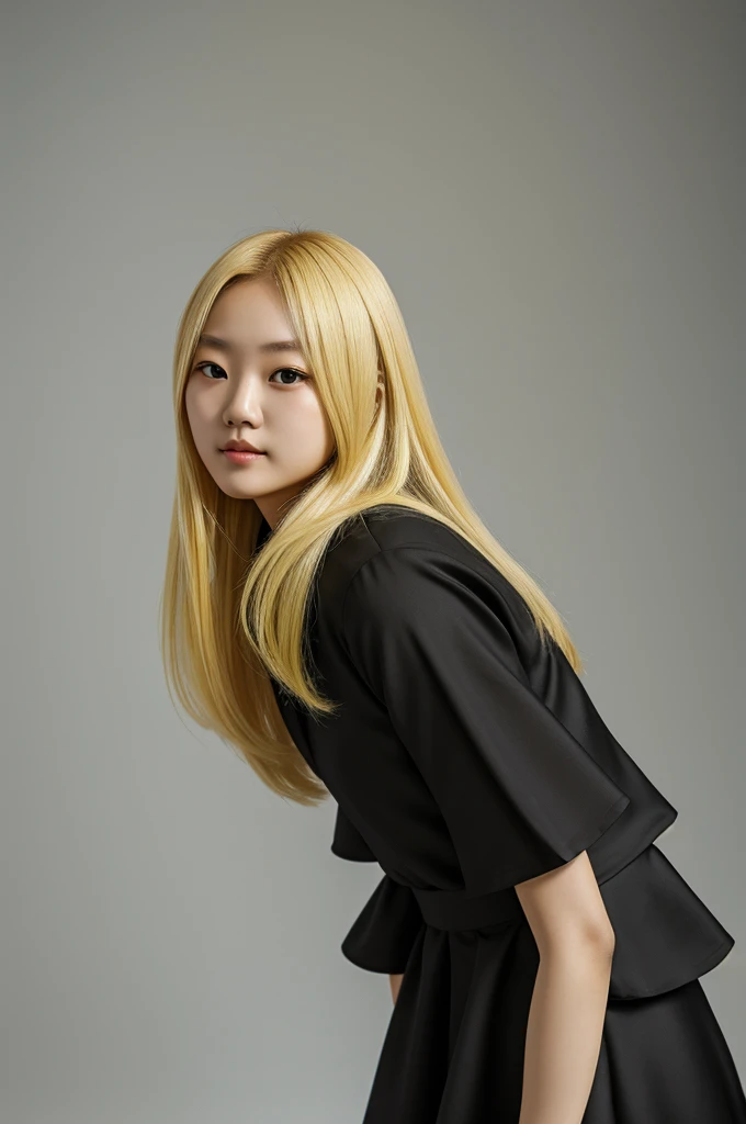 A Korean girl wearing a black and gray dress with medium-length yellow hair, 24 years old, in a photo session in front of a white background